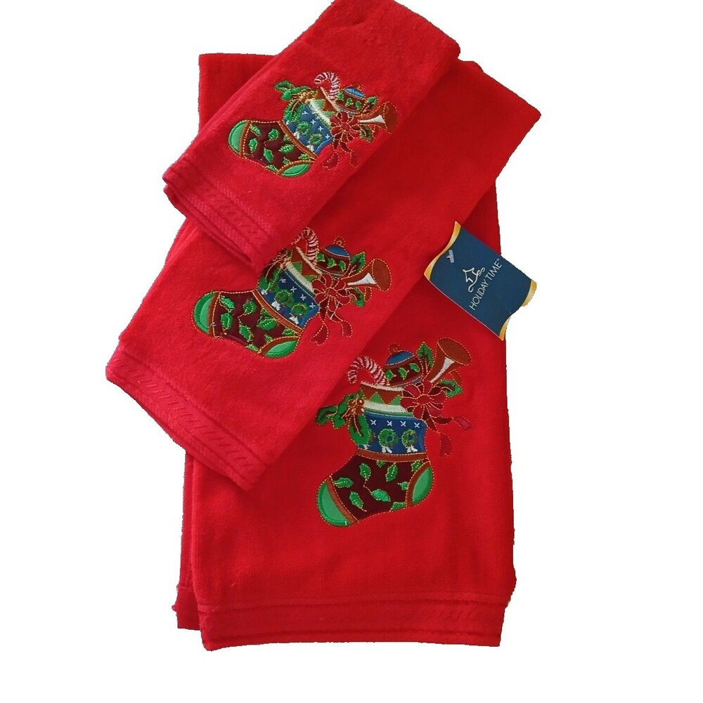 3-Piece 100% Cotton Christmas Towel set Embroidered Design Large Bath Towel Red